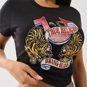 True Religion Black Graphic Tee with Gold Tiger Design NWT new XXS crystal